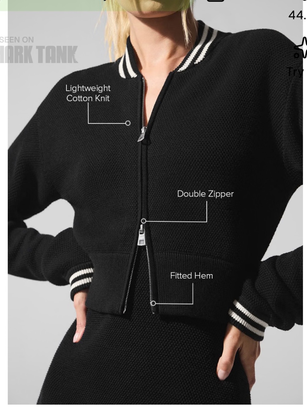 ALO Black Cotton-Knit Bomber Jacket with Double Zipper